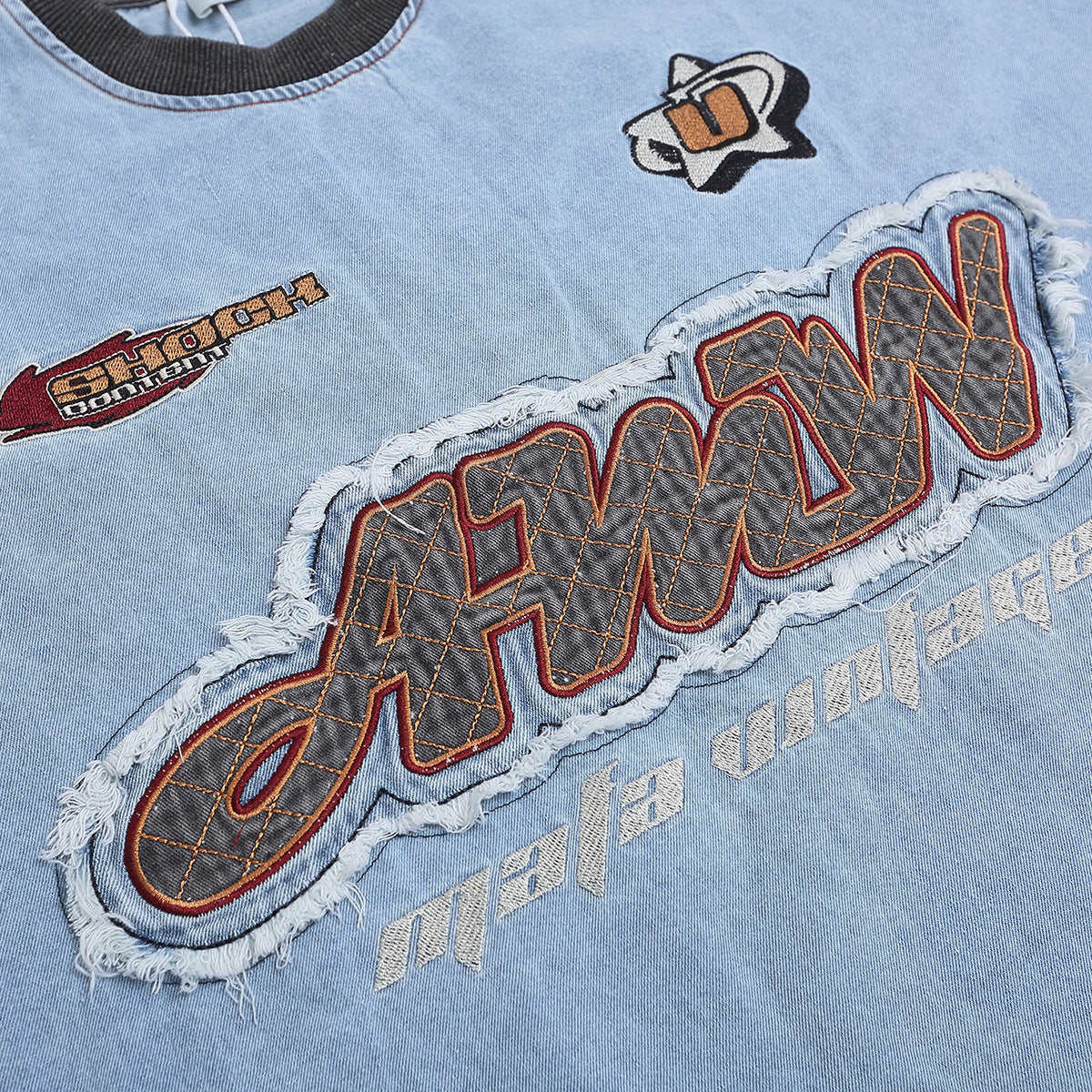Hustle vintage summer embroidery t-shirt denim short sleeve t-shirt