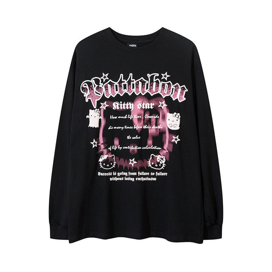 Marcas De Streetwear Vintage Cat Print Long Sleeve T-Shirt Loose Crew Neck Top
