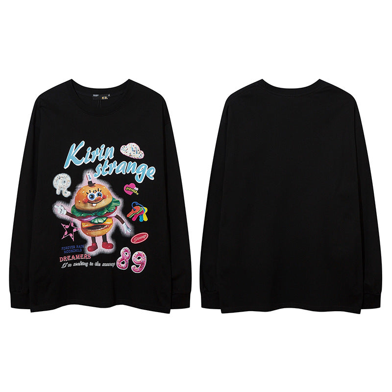 Vintage T Shirts Hip Hop Cartoon Printed Top Hip Hop Loose Oversize Long Sleeve T-Shirt