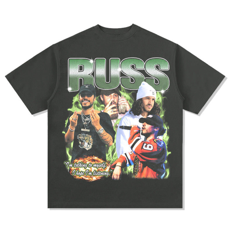 Cool t rapper vintage hip hop russ print long sleeve short sleeve t-shirt vintage