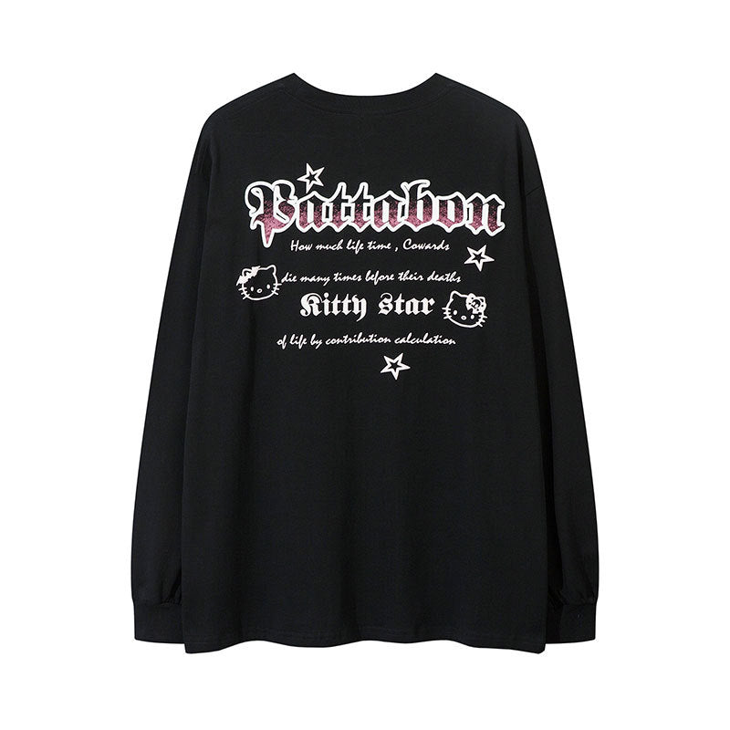 Marcas De Streetwear Vintage Cat Print Long Sleeve T-Shirt Loose Crew Neck Top