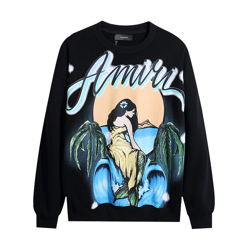 Amiri Sweatshirt AMI Mermaid Letter Print Crew Neck Sweater Men and Women