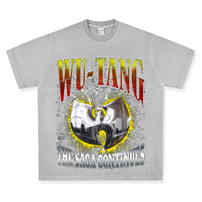 Streetwear masculino vintage hip hop WU-TANG print short-sleeved t-shirt