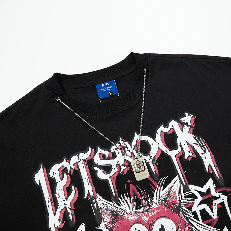 Nyc T-Shirt Cat Graffiti Letter Strap Necklace Short Sleeve T-Shirt Hip Hop Loose T-Shirt