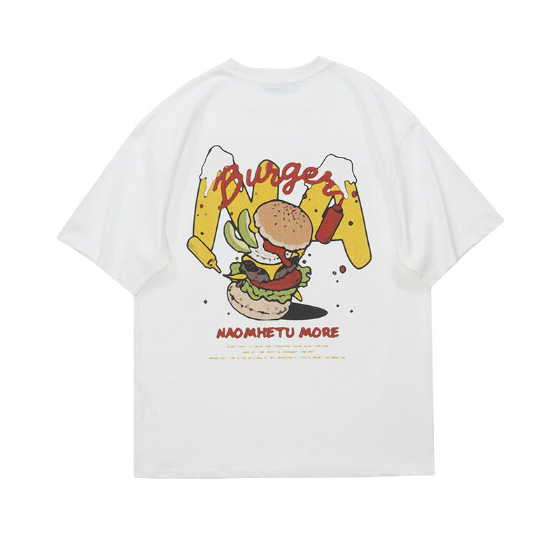 Vice streetwear summer cartoon hamburger print short sleeve loose T-Shirts