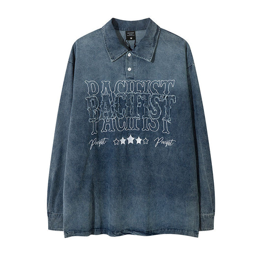 Marcas De Streetwear Washed Denim POLO Vintage Embroidered Lapel Sweater