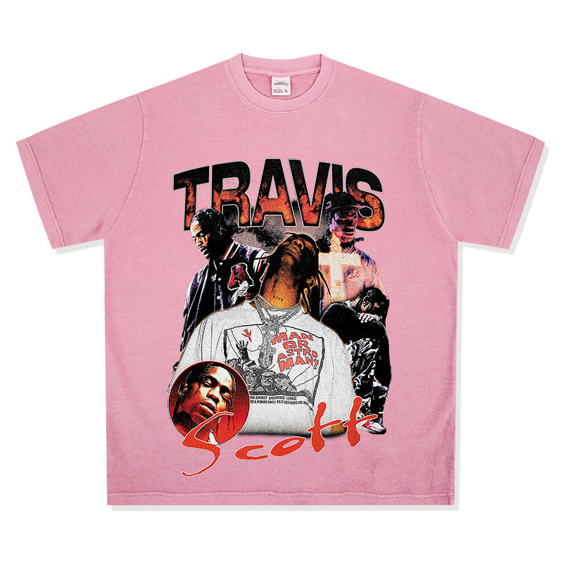 Streetwear masculino TRAVIS SCOTT character print short sleeve VINTAGE hip hop rap t-shirt