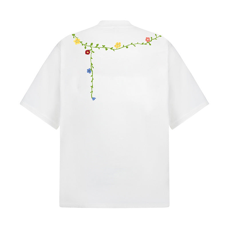 Hip Hop Clothes New York Vintage Floral Embroidery Short Sleeve T-Shirt