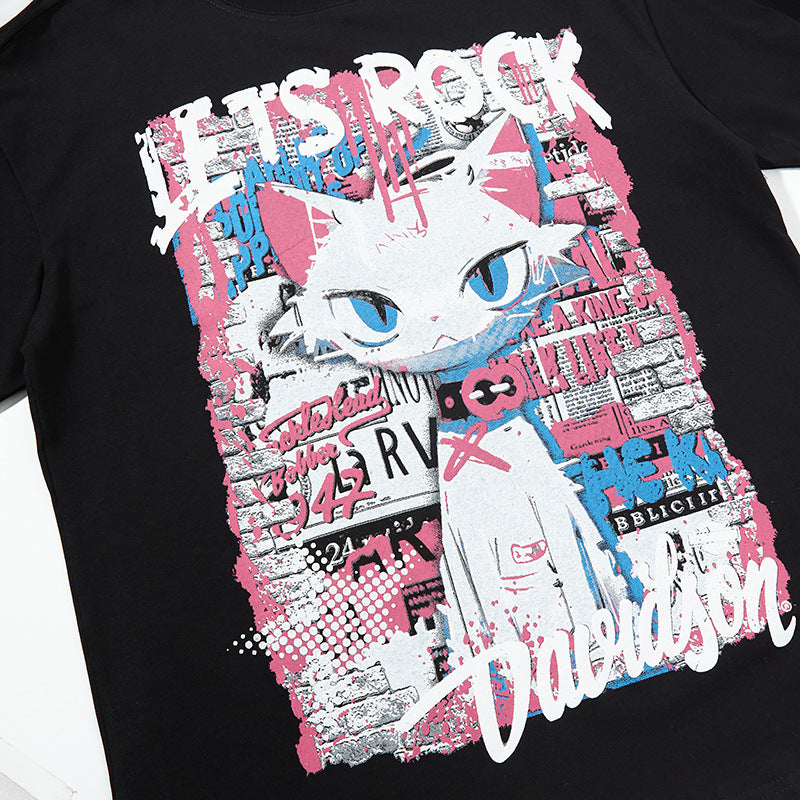 Nyc T Shirt Retro Cat Printed Short Sleeve T-Shirt Summer Loose Casual Top
