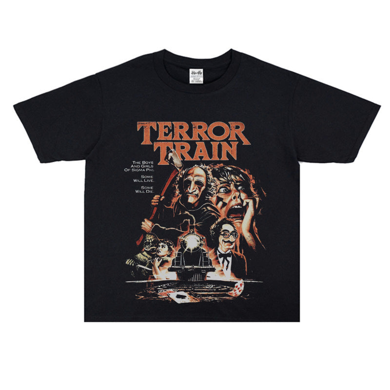 Film Star T Shirt Horror Movie Death Train Pure Cotton Loose Nostalgic Short Sleeve Trendy T-shirt Men and Women