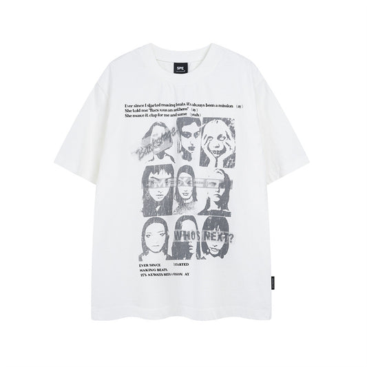 Y2K mens shirt washed portrait letter pattern T-shirt men's short sleeves casual loose