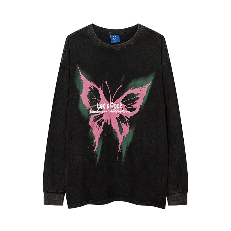 Vintage T Shirts Hip Hop Butterfly Graffiti Print Long Sleeve T-Shirt