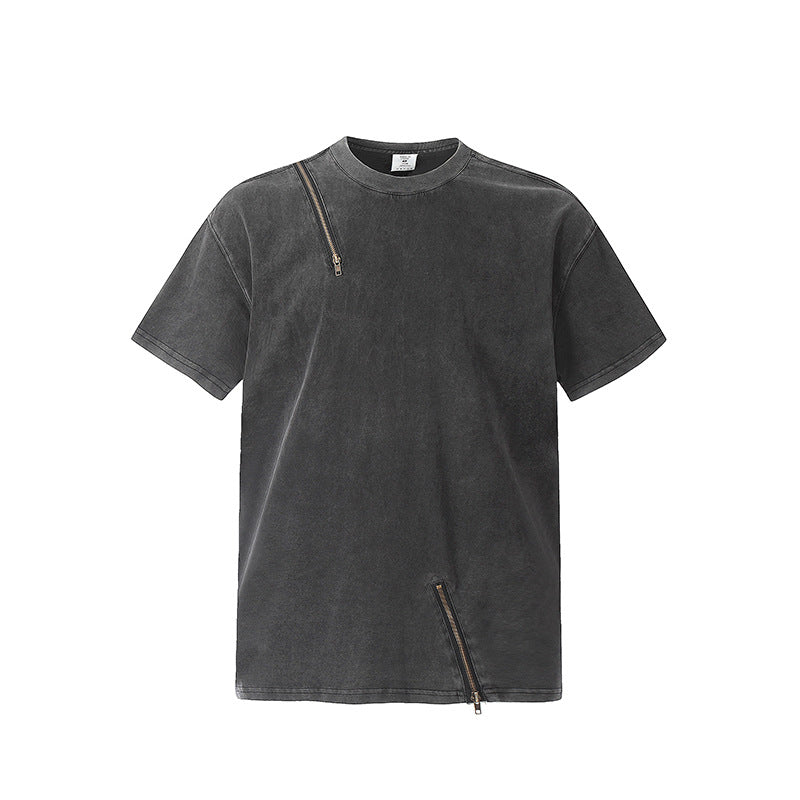 Hip Hop Clothes New York Vintage Washed Old Zip Decorative Short Sleeve T-Shirt