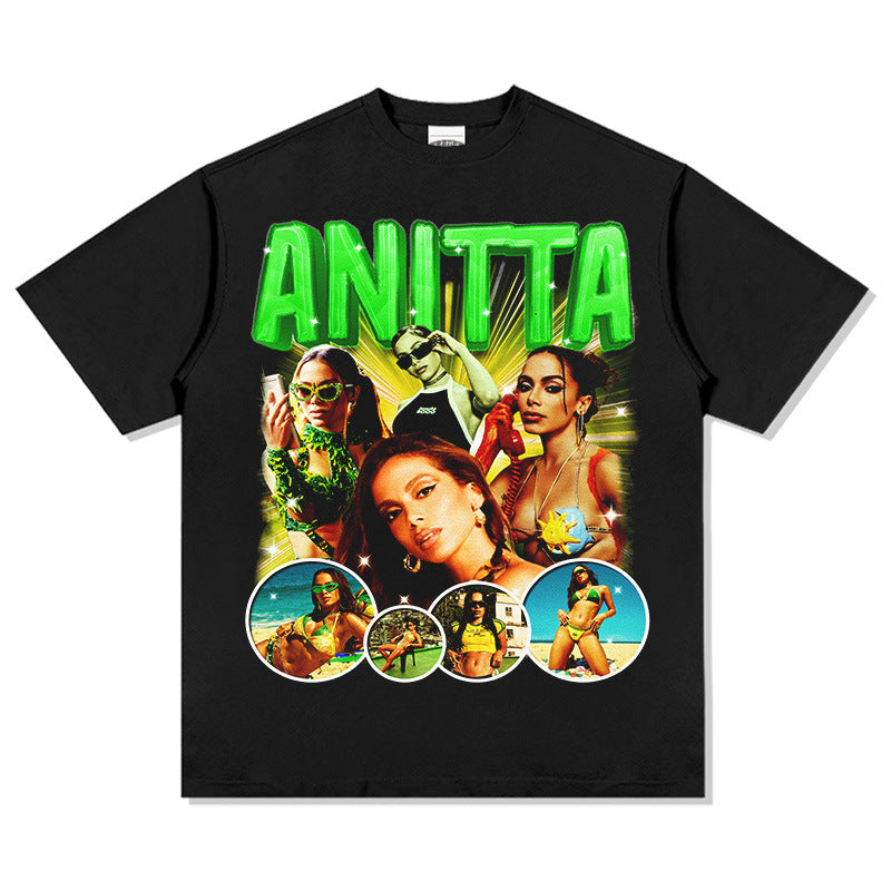 Outfit streetwear vintage hip hop Anitta print short sleeve t-shirt