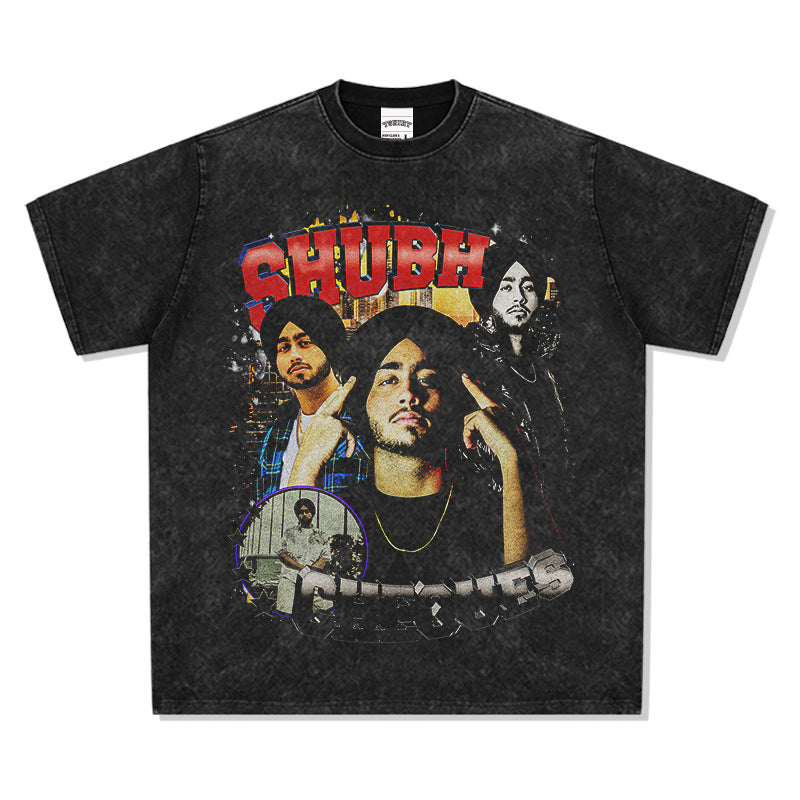 Streetwear masculino vintage hip hop Shubh print short sleeve t-shirt