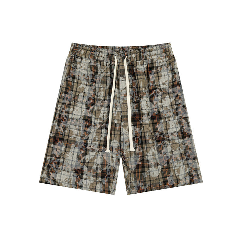 Stone Wash T shirt Retro plaid short-sleeved shirt Summer loose shorts