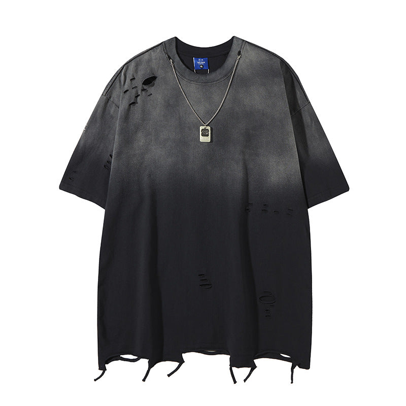 Retro Style Shirt For Men Summer Necklace tee Washed Short Sleeve T-Shirt