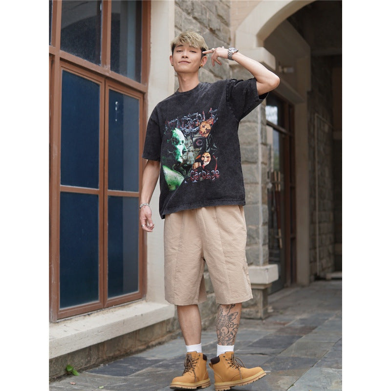 Film Star T Shirt Pure Cotton Loose Short Sleeve American Retro Trendy Printed round Neck T-shirt for Men