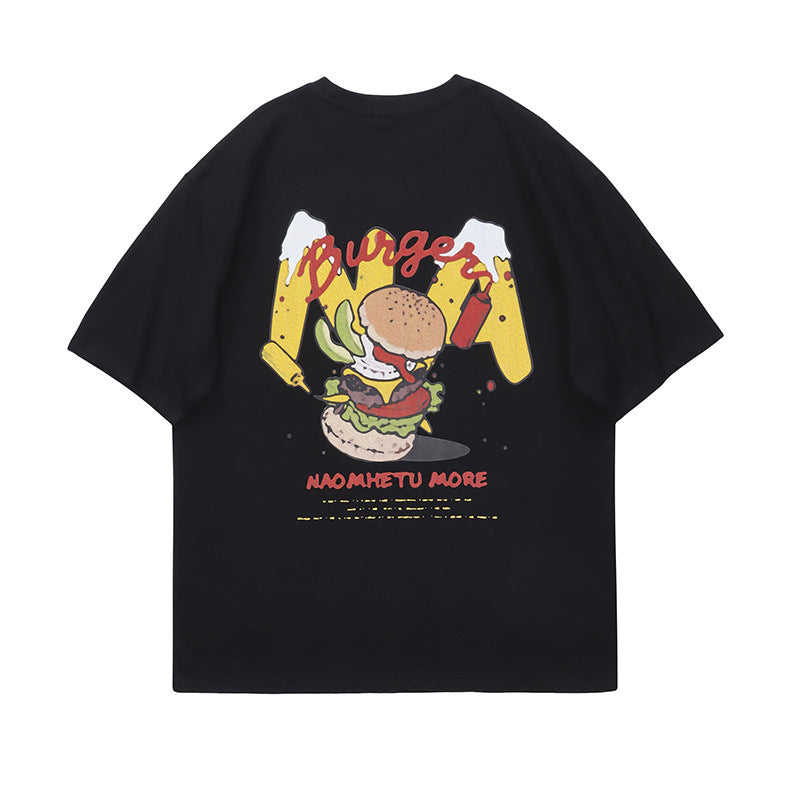 Vice streetwear summer cartoon hamburger print short sleeve loose T-Shirts