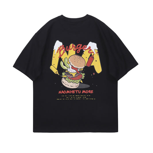 Vice streetwear summer cartoon hamburger print short sleeve loose T-Shirts