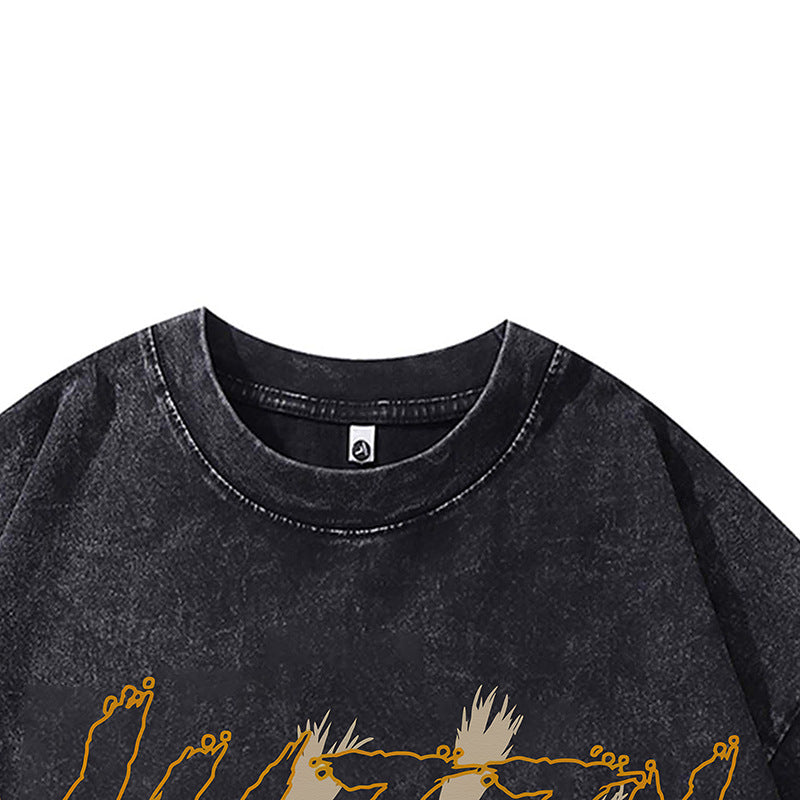 Ropa Vintage Hombre Panther Print Wash Water Vintage Loose Crew Neck Short Sleeve T-Shirt