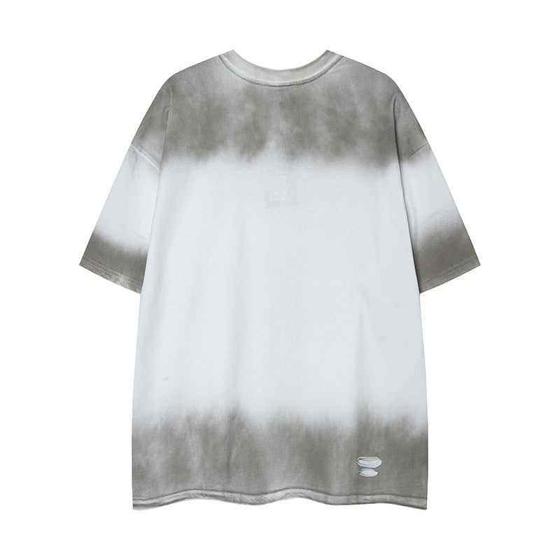 Camisas Retros cut holes and wash gradual change old letter print short sleeve t-shirt