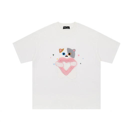 Camisetas streetwear Summer Vintage Embroidered Cat Print Casual Loose Short Sleeve T-Shirt