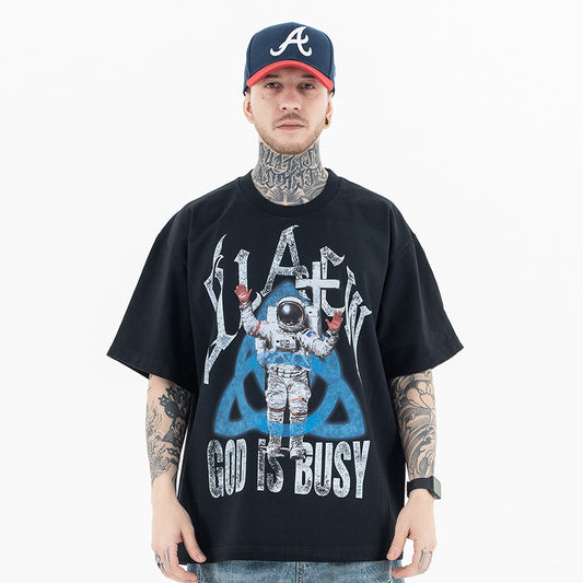 Vic Streetwear Summer Vintage Astronaut Print Crew Neck Short Sleeve T-Shirt