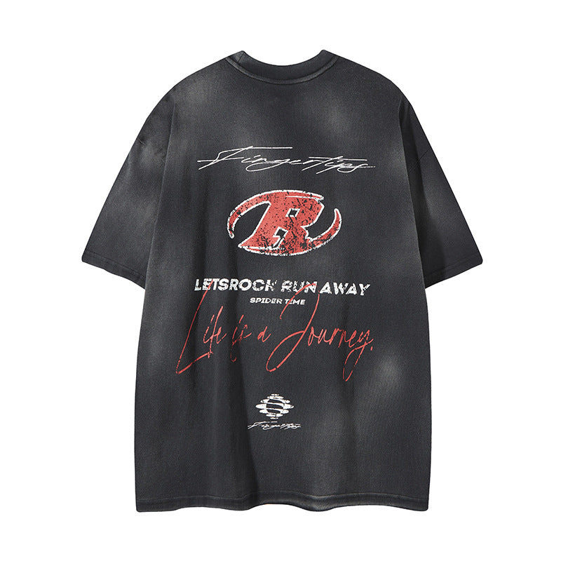 Camisas Retros wash gradual change print men's casual loose sports T-shirt