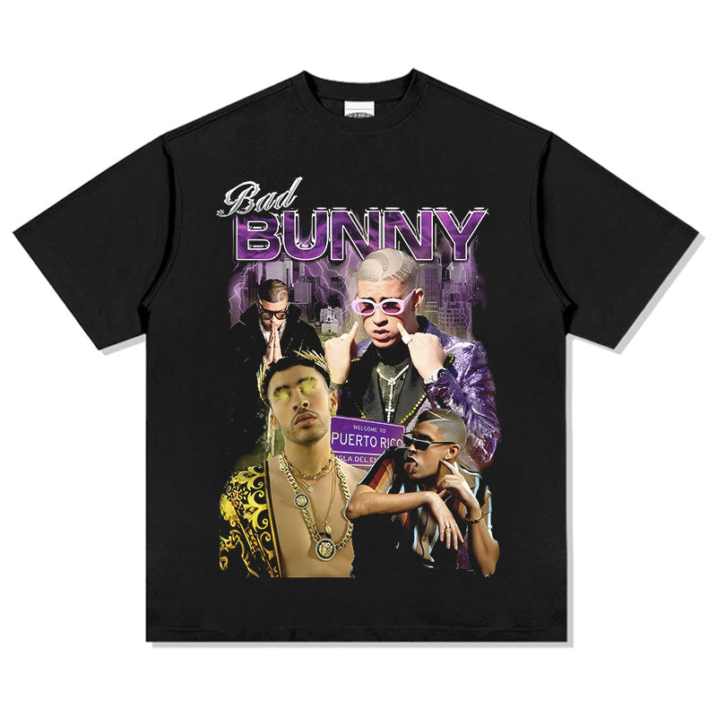 Cool t rapper vintage Bad Bunny print short sleeve t-shirt