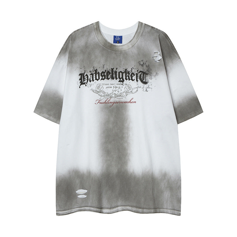 Camisas Retros cut holes and wash gradual change old letter print short sleeve t-shirt