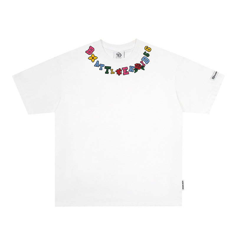 Hip Hop Clothes New York Necklace Embroidered Short Sleeve T-Shirt Summer Loose Top
