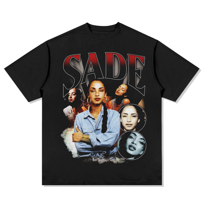 Streetwear Masculino Vintage Hip Hop SADE Printed Short Sleeve T-Shirt, Loose Vintage