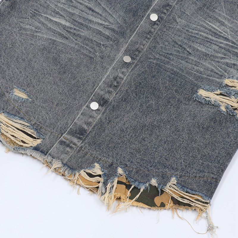 Stone Wash T shirt Leopard print denim short sleeve casual denim shorts