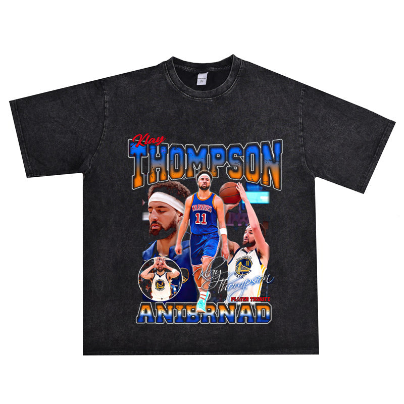 Film Star T Shirt Klaythompson Washed Distressed Printed American T-Shirt Retro Loose Short Sleeve