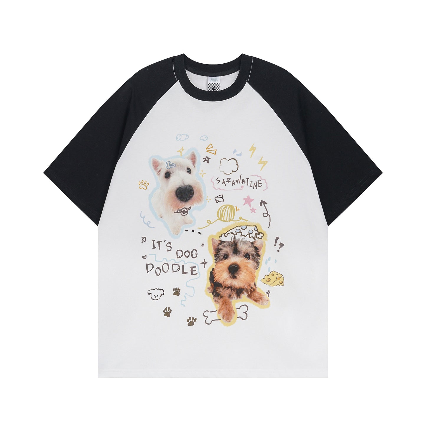 USA Vintage T-Shirt Vintage Cute Puppy Printed Men's and Women's Summer Loose Contrast Colors Ragged Sleeves