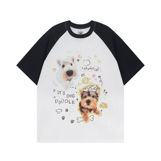 USA Vintage T-Shirt Vintage Cute Puppy Printed Men's and Women's Summer Loose Contrast Colors Ragged Sleeves