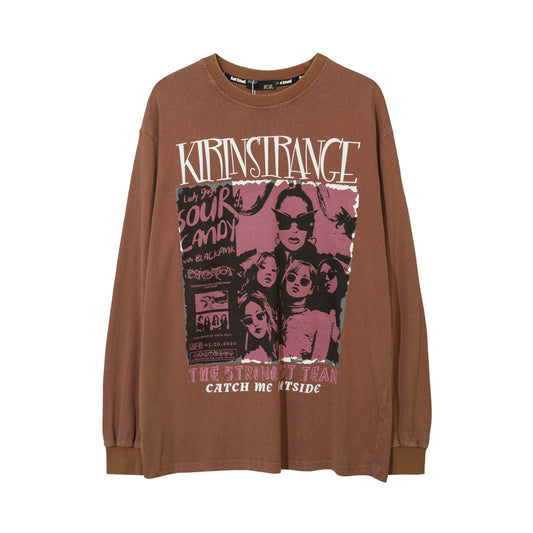 Vintage T Shirts Hip Hop Retro Portrait Print Long Sleeve T-Shirt Men's Autumn Loose Top