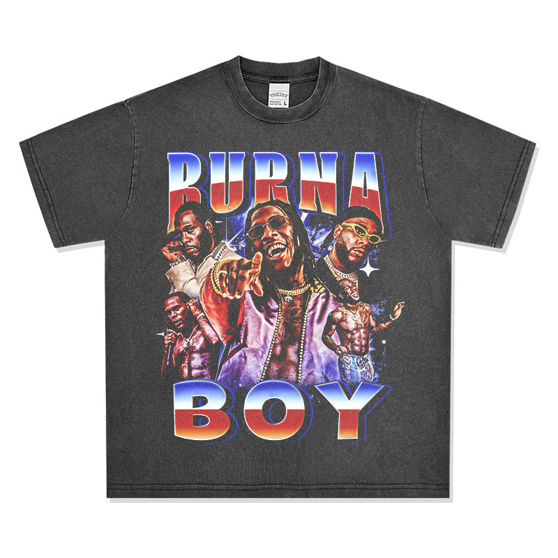 Streetwear masculino vintage hip hop Burna Boy print short sleeve t-shirt