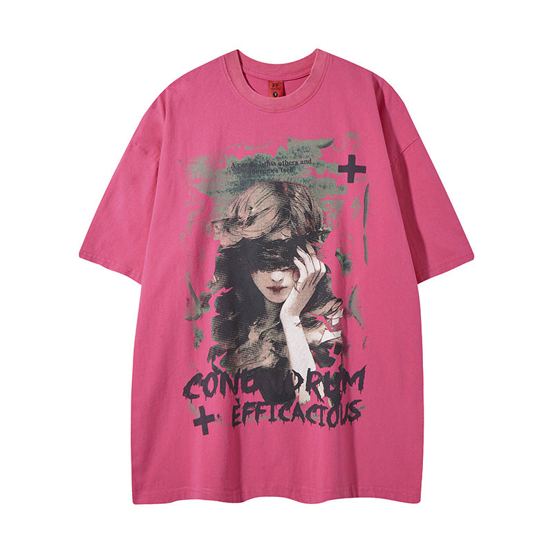 Distorted vintage summer wash do old character print short sleeve t-shirt loose top