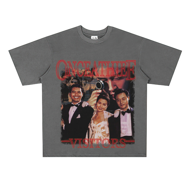 Film Star T Shirt Cotton Short Sleeve Loose round Neck Retro Nostalgic Heavy Printed T-shirt