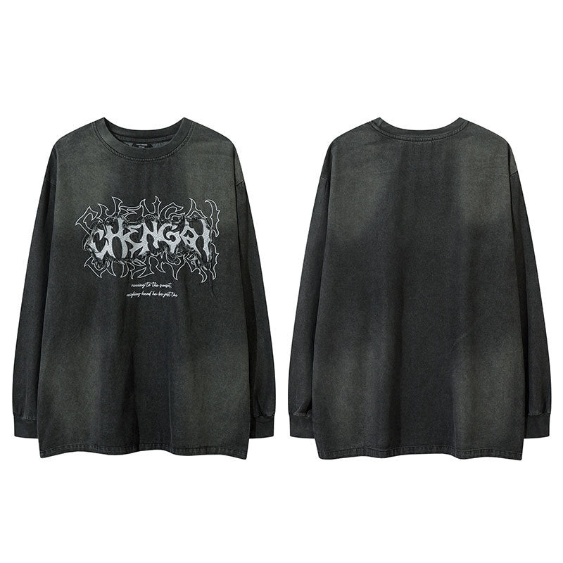 Marcas De Streetwear Vintage Old Alphabet Patch Embroidered Denim Long Sleeve T-Shirt