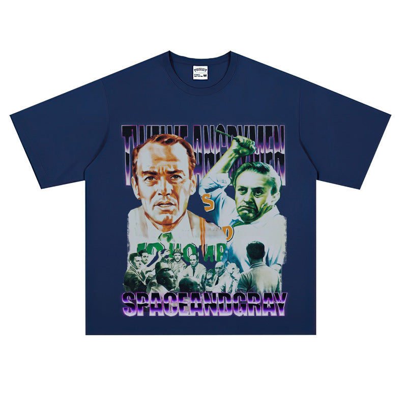 Film Star T Shirt Loose Retro Street Cotton Personality round Neck Print T-shirt