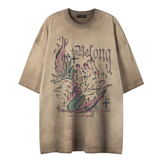 US drip outfits summer vintage deer print casual loose short sleeve T-Shirts