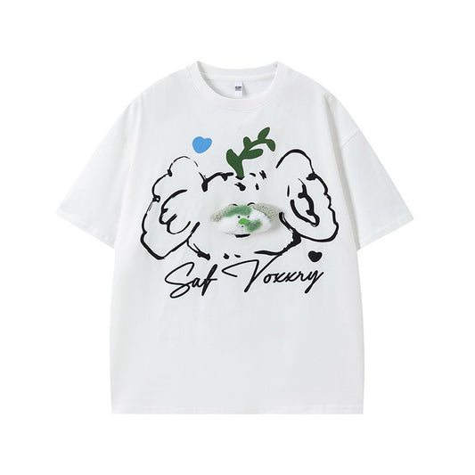 US drip outfits summer vintage cartoon gradual change bear casual loose short sleeve T-Shirts