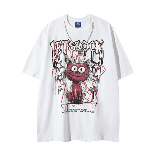 Nyc T-Shirt Cat Graffiti Letter Strap Necklace Short Sleeve T-Shirt Hip Hop Loose T-Shirt