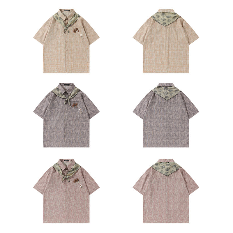 Y2K mens shirt retro loose sports short-sleeved lapel shirt