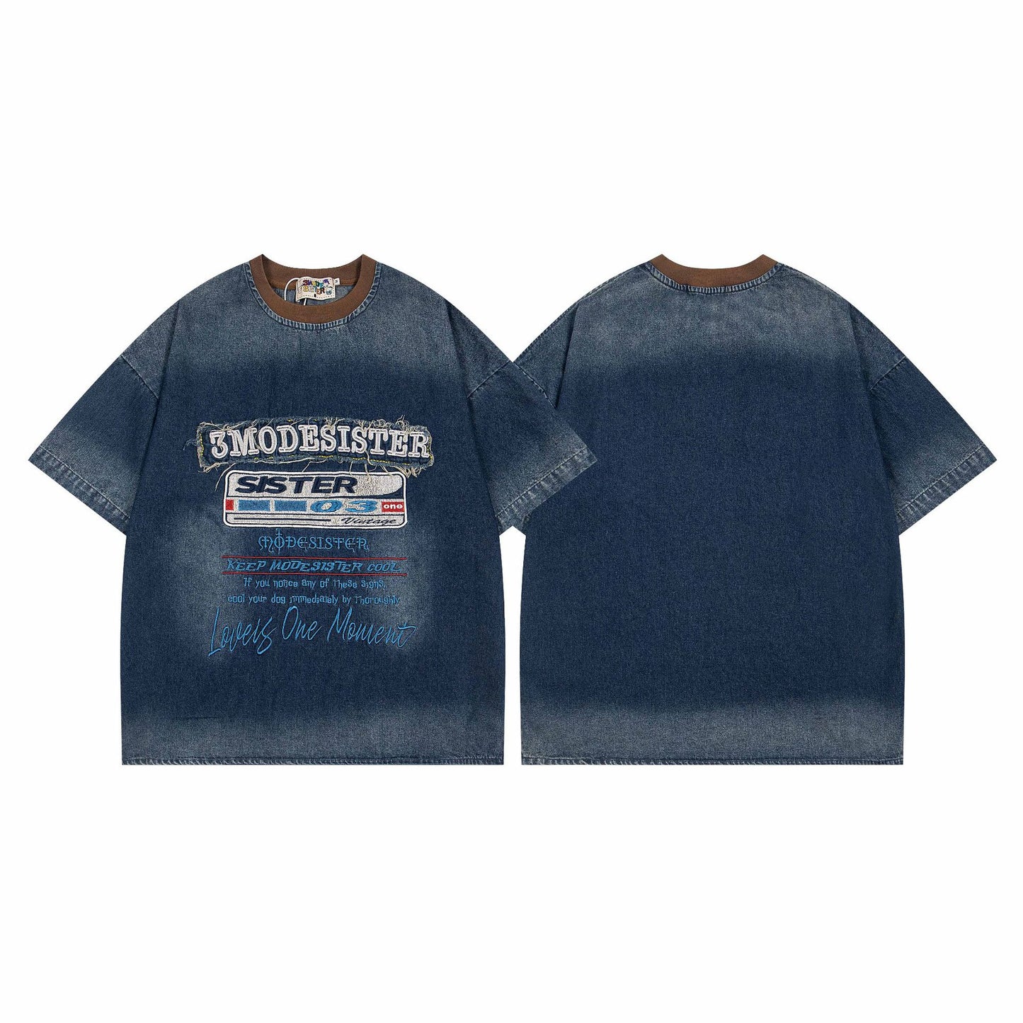 Hip Hop Clothing Retro tee Embroidery Washed Denim Short Sleeve T-Shirt