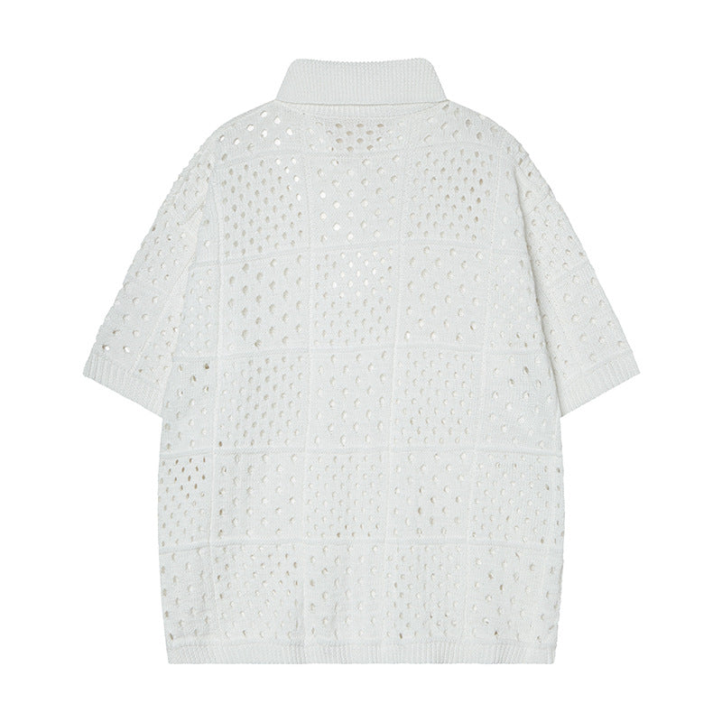 Camisas Retros Vintage Lapel Hollow Sweater Summer Loose Pullover Knitwear Short Sleeves