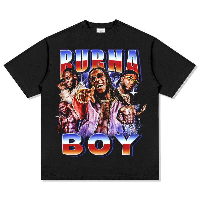 Streetwear masculino vintage hip hop Burna Boy print short sleeve t-shirt